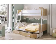 KELLY młodzieżowe łóżko piętrowe z szufladami + drabinka biały / dąb shetland